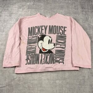 Vtg Mickey Mouse Shirt‎ Women Medium Pink Long Sleeve 90s Spell Out Graphic Boxy